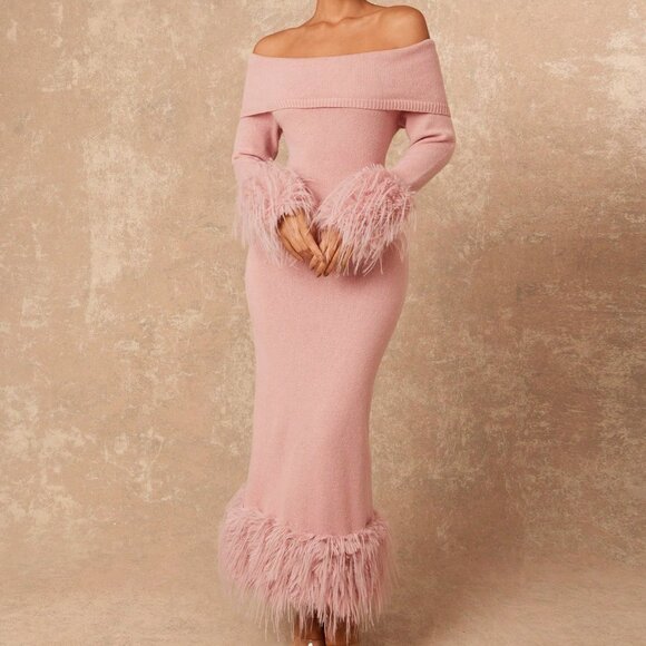 Pink Faux Fur Off Shoulder Bodycon sweater  Maxi dress - Picture 7 of 8